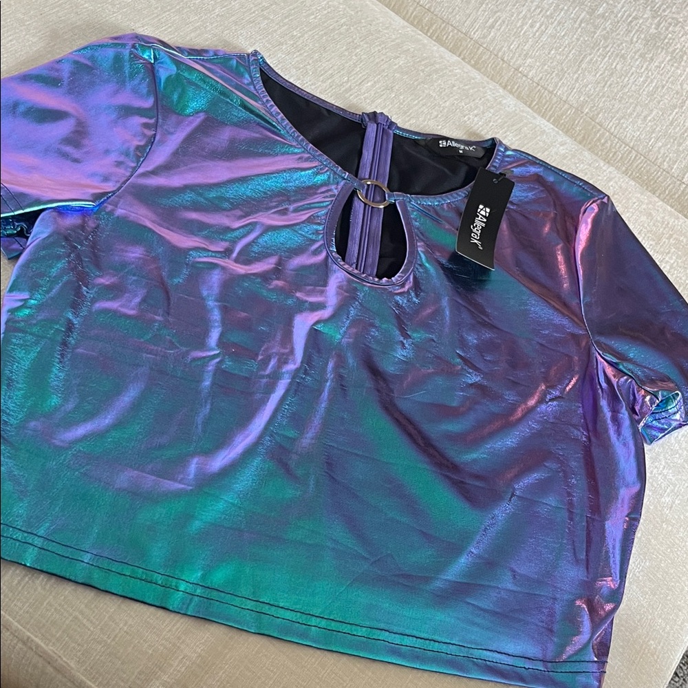 Allegra K Iridescent Purple Teal Metallic Crop Top